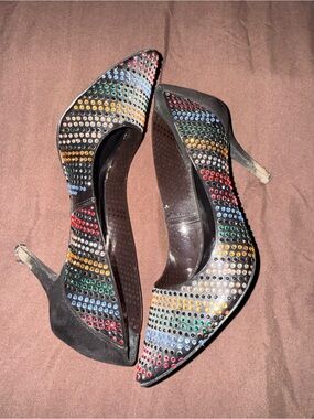 Women's Black Pointed Toe Heels with Multicolor Studs